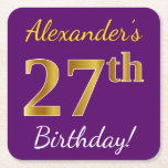 [ Thumbnail: Purple, Faux Gold 27th Birthday + Custom Name Paper Coaster ]