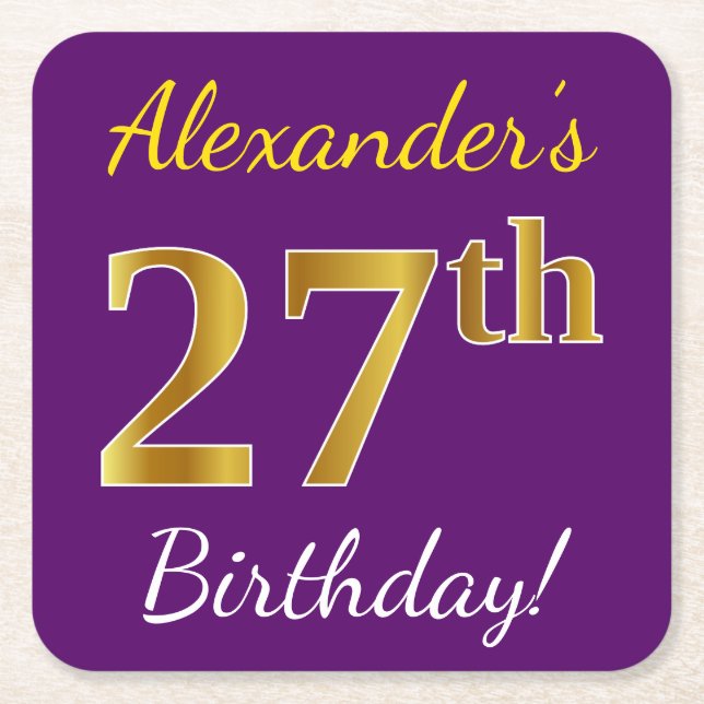 Purple, Faux Gold 27th Birthday + Custom Name Square Paper Coaster (Front)