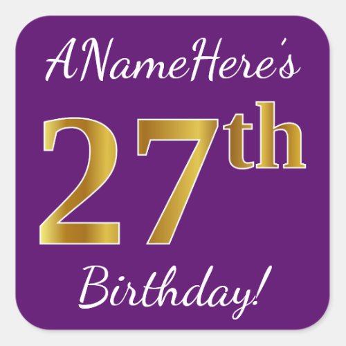 Purple Faux Gold 27th Birthday  Custom Name Square Sticker