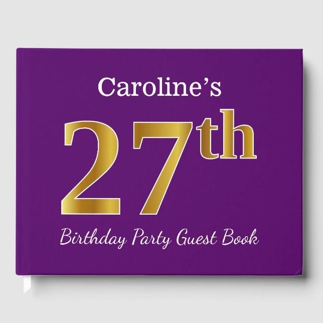 Purple, Faux Gold 27th Birthday Party; Custom Name Guest Book (Front)