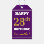 [ Thumbnail: Purple, Faux Gold 28th Birthday + Custom Name Gift Tags ]
