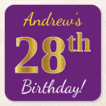 [ Thumbnail: Purple, Faux Gold 28th Birthday + Custom Name Paper Coaster ]