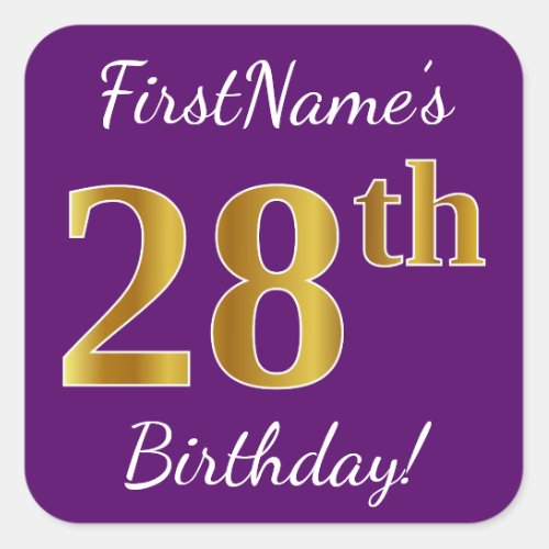 Purple Faux Gold 28th Birthday  Custom Name Square Sticker
