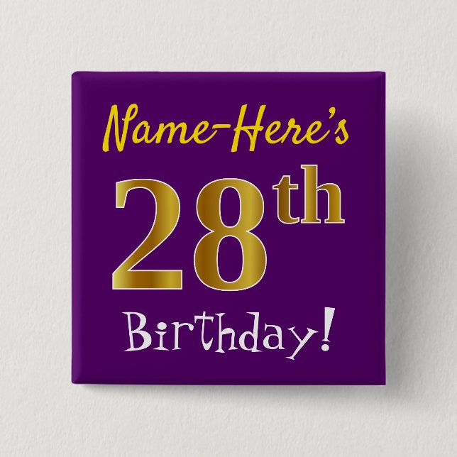 Purple, Faux Gold 28th Birthday, With Custom Name Button (Front)