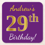 [ Thumbnail: Purple, Faux Gold 29th Birthday + Custom Name Paper Coaster ]