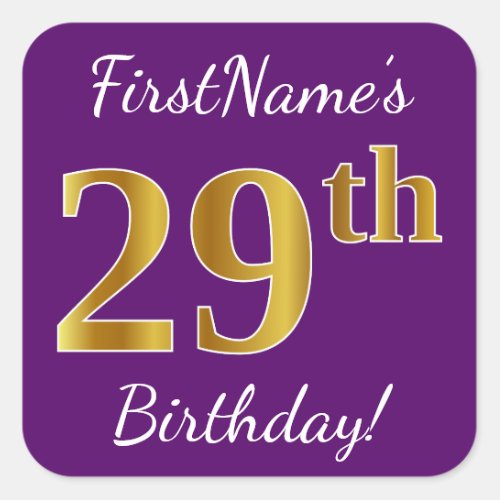 Purple Faux Gold 29th Birthday  Custom Name Square Sticker