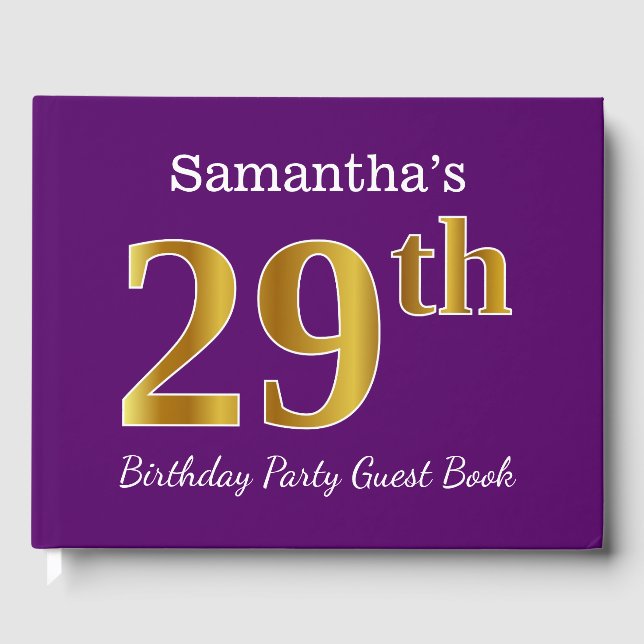 Purple, Faux Gold 29th Birthday Party; Custom Name Guest Book (Front)