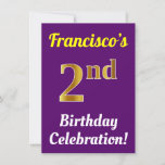 [ Thumbnail: Purple, Faux Gold 2nd Birthday Celebration + Name Invitation ]