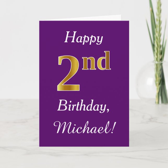 Purple, Faux Gold 2nd Birthday + Custom Name Card (Front)