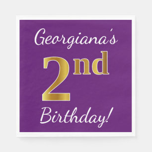 Purple, Faux Gold 2nd Birthday + Custom Name Napkins