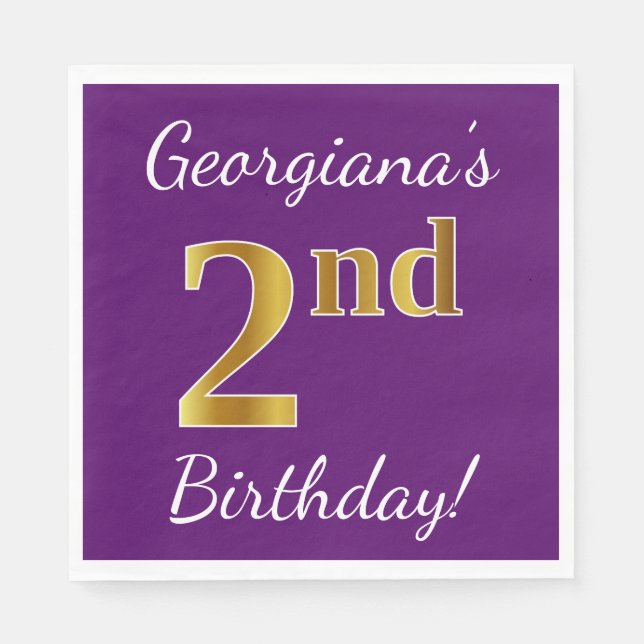 Purple, Faux Gold 2nd Birthday + Custom Name Napkins (Front)