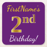 [ Thumbnail: Purple, Faux Gold 2nd Birthday + Custom Name Paper Coaster ]