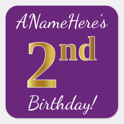 Purple Faux Gold 2nd Birthday  Custom Name Square Sticker
