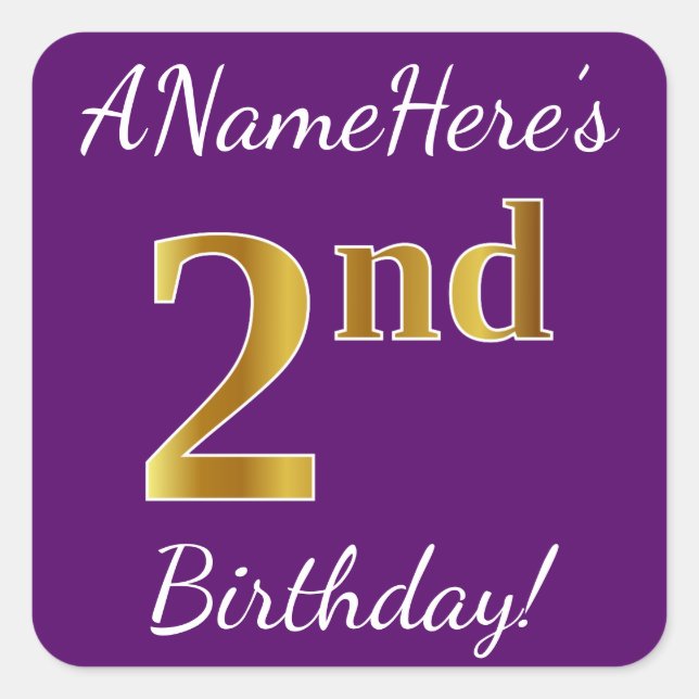 Purple, Faux Gold 2nd Birthday + Custom Name Square Sticker (Front)