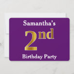 [ Thumbnail: Purple, Faux Gold 2nd Birthday Party + Custom Name Invitation ]