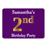 [ Thumbnail: Purple, Faux Gold 2nd Birthday Party + Custom Name Invitation ]