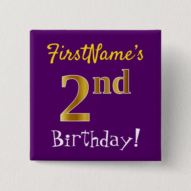Purple, Faux Gold 2nd Birthday, With Custom Name Button (Front)