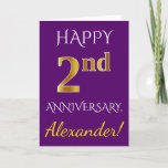 [ Thumbnail: Purple, Faux Gold 2nd Wedding Anniversary + Name Card ]