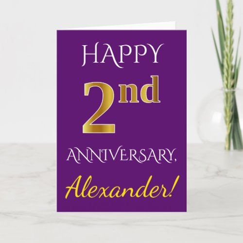 Purple Faux Gold 2nd Wedding Anniversary  Name Card