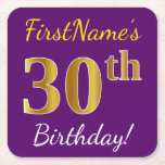 [ Thumbnail: Purple, Faux Gold 30th Birthday + Custom Name Paper Coaster ]