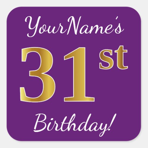 Purple Faux Gold 31st Birthday  Custom Name Square Sticker