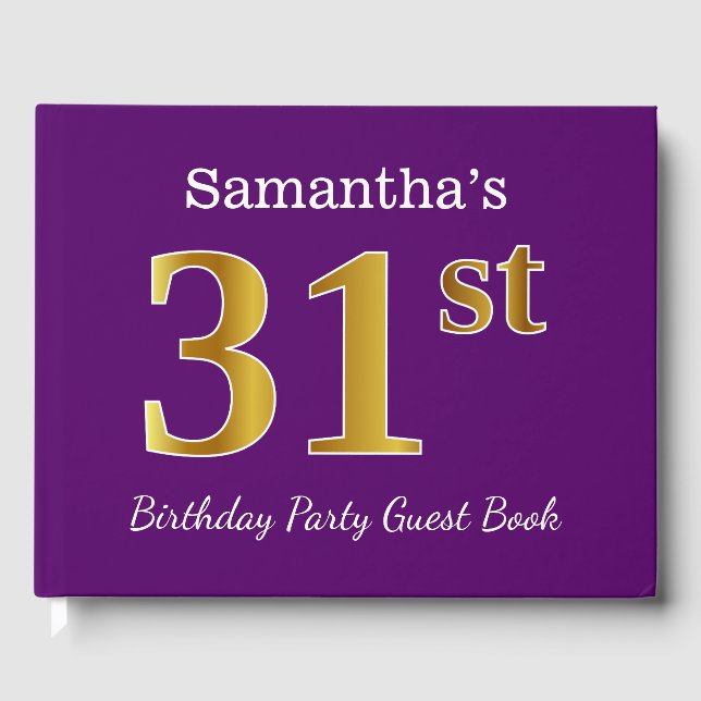 Purple, Faux Gold 31st Birthday Party; Custom Name Guest Book (Front)