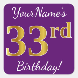 Purple, Faux Gold 33rd Birthday + Custom Name Square Sticker