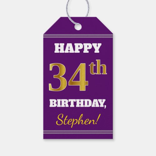Purple Faux Gold 34th Birthday  Custom Name Gift Tags