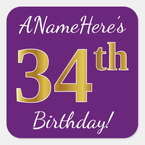 Purple Faux Gold 34th Birthday  Custom Name Square Sticker