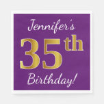 [ Thumbnail: Purple, Faux Gold 35th Birthday + Custom Name Napkins ]