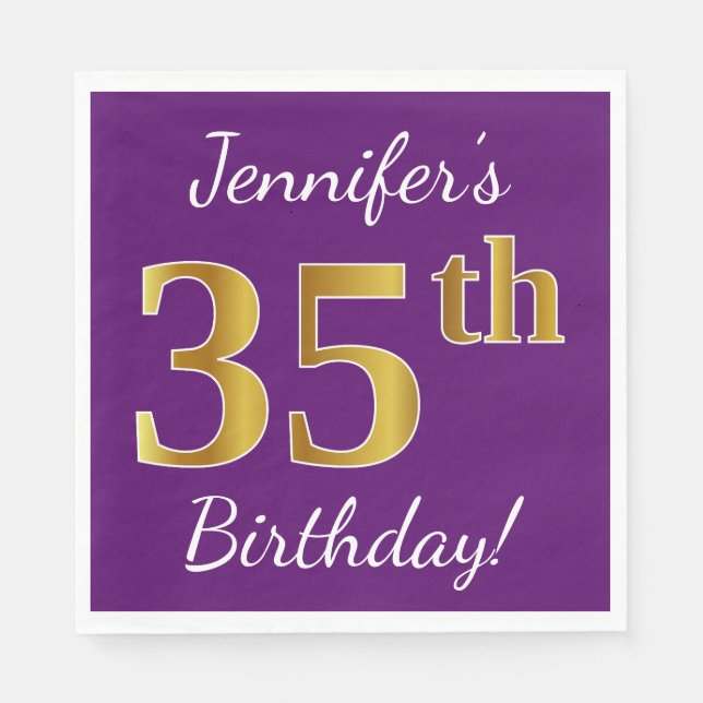 Purple, Faux Gold 35th Birthday + Custom Name Napkins (Front)