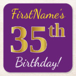 [ Thumbnail: Purple, Faux Gold 35th Birthday + Custom Name Paper Coaster ]