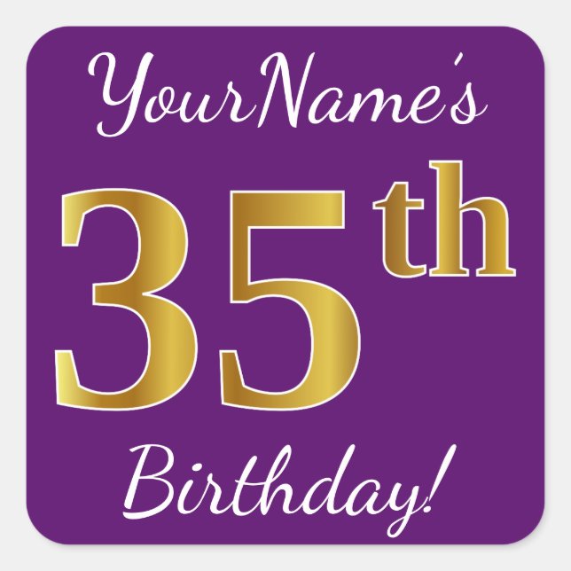 Purple, Faux Gold 35th Birthday + Custom Name Square Sticker (Front)