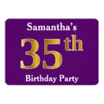 [ Thumbnail: Purple, Faux Gold 35th Birthday Party; Custom Name Invitation ]