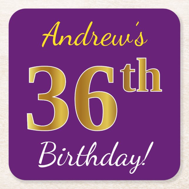 Purple, Faux Gold 36th Birthday + Custom Name Square Paper Coaster (Front)