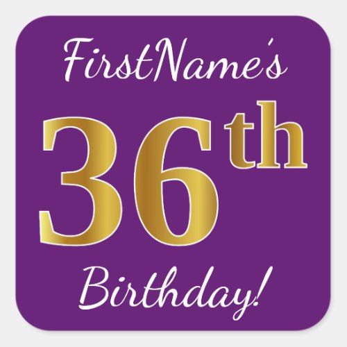 Purple Faux Gold 36th Birthday  Custom Name Square Sticker