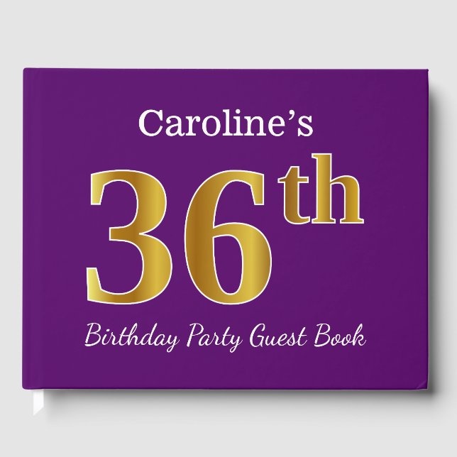 Purple, Faux Gold 36th Birthday Party; Custom Name Guest Book (Front)