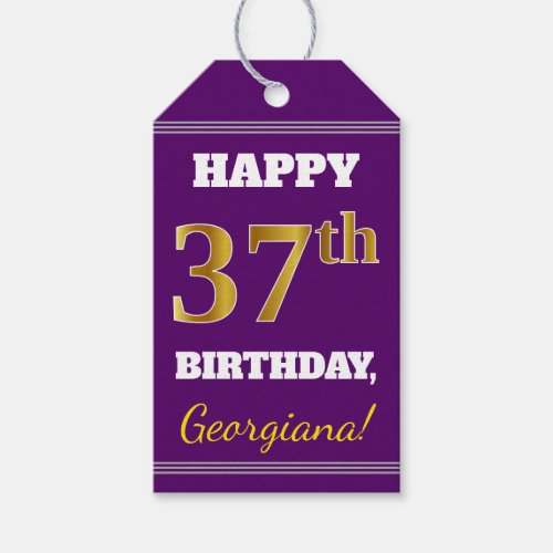 Purple Faux Gold 37th Birthday  Custom Name Gift Tags