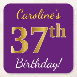 Purple, Faux Gold 37th Birthday + Custom Name Square Paper Coaster