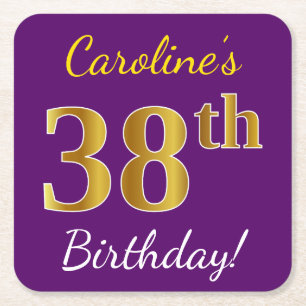 Purple, Faux Gold 38th Birthday + Custom Name Square Paper Coaster