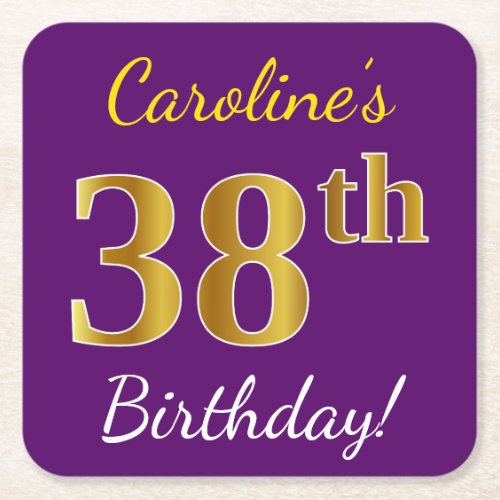 Purple Faux Gold 38th Birthday  Custom Name Square Paper Coaster