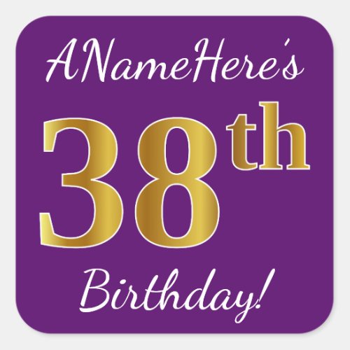 Purple Faux Gold 38th Birthday  Custom Name Square Sticker