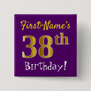 Purple, Faux Gold 38th Birthday, With Custom Name Button