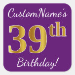 [ Thumbnail: Purple, Faux Gold 39th Birthday + Custom Name Sticker ]