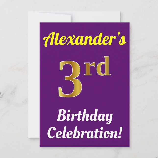 Purple, Faux Gold 3rd Birthday Celebration + Name Invitation (Front)