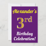 [ Thumbnail: Purple, Faux Gold 3rd Birthday Celebration + Name Invitation ]
