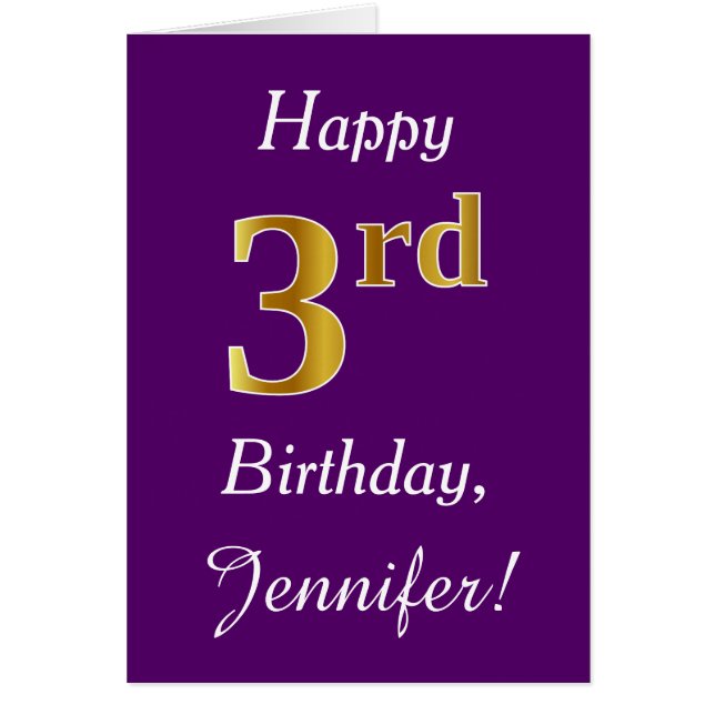 Purple, Faux Gold 3rd Birthday + Custom Name Cards (Front)