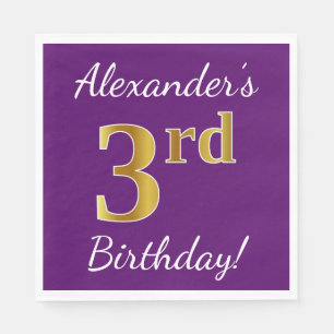 Purple, Faux Gold 3rd Birthday + Custom Name Napkins