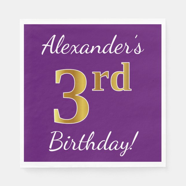 Purple, Faux Gold 3rd Birthday + Custom Name Napkins (Front)