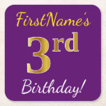 [ Thumbnail: Purple, Faux Gold 3rd Birthday + Custom Name Paper Coaster ]